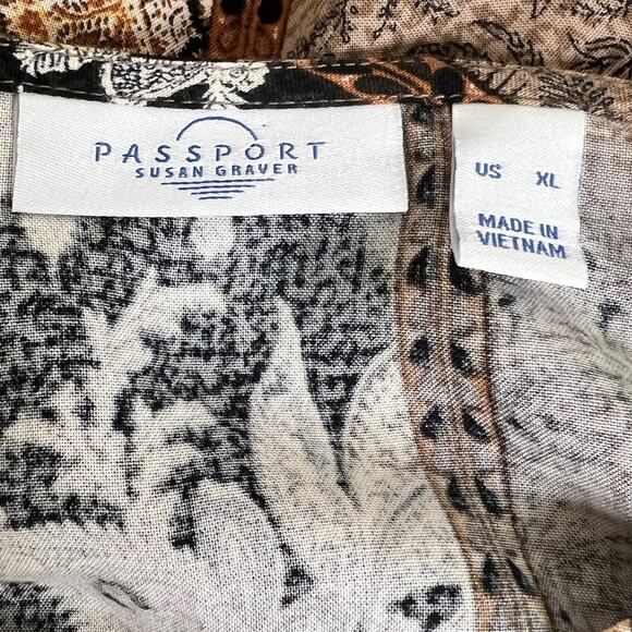 Passport by Susan Graver Womens Blouse XL Brown Gold Patchwork Ruched Sleeves - Picture 5 of 6